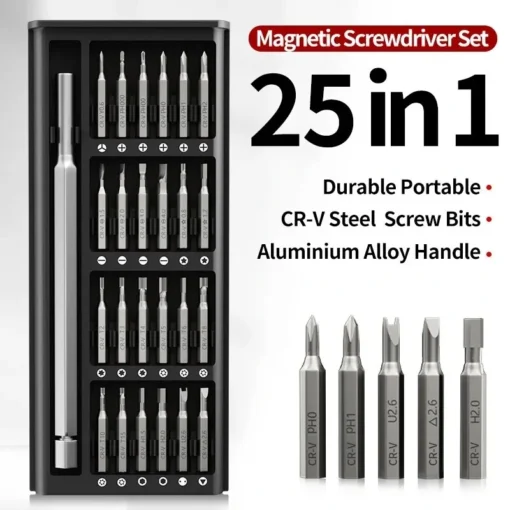 Product information Feature: 1.25PCs screw bits and 1 screwdriver, in a plastic package box 2. Bits With Stamped Easy To Find Out,Anti-Skid Aluminum Alloy Handle,Tail 360 rotation easy to use. 3. Easy To Operate, Durable And Portable. Specification: Product Name: 25 In 1Magnetic Screwdriver Set Handle Material: Aluminum Alloy Bits Material: CR-V Steel Box Material: Synthetic Plastic Product applicability:Widely used in most household electrical appliances. Packing List: 1x screwdriver handle /24x screw bits /1x plastic package box